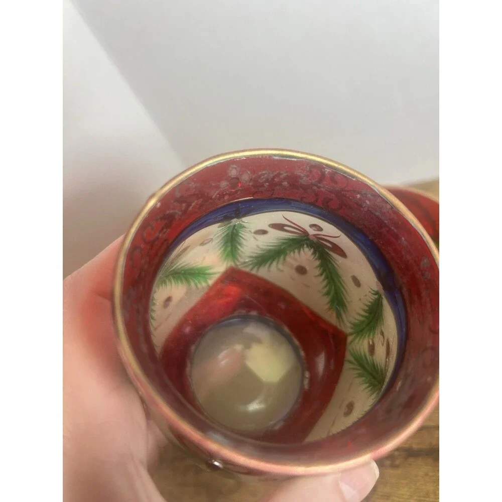 Vintage 2004 Christmas Glass Candle Holder Cups Set of 3 4” Hand Painted
